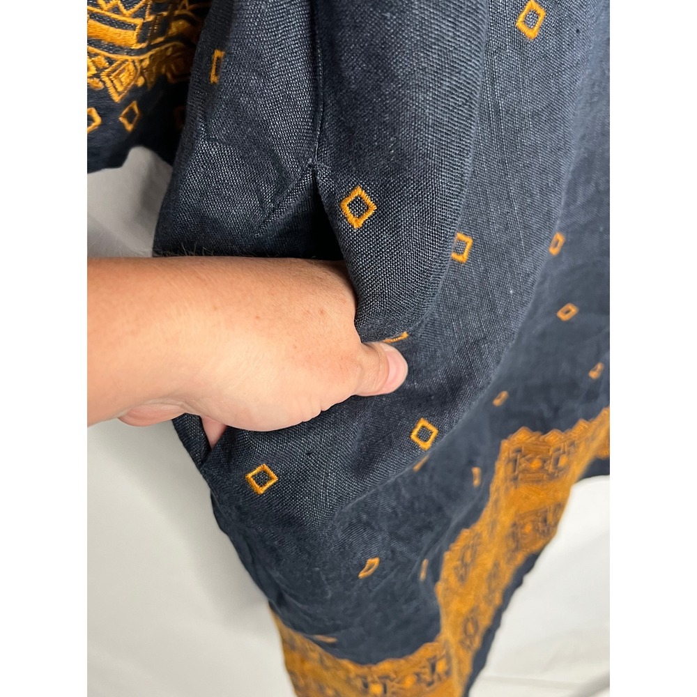 Garnet Hill Embroidered Linen Popover Dress Blue Flax Embroidered Tassel Size 12 - Picture 7 of 13
